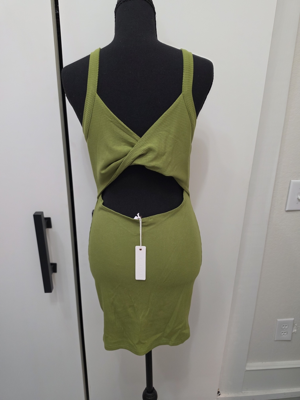 Olivaceous Olive Twist-Back Ribbed Mini Dress